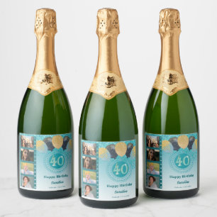 Foto's, 40e verjaardag Blauwgroen Blue Glitter Cha Sparkling Wijnetiket