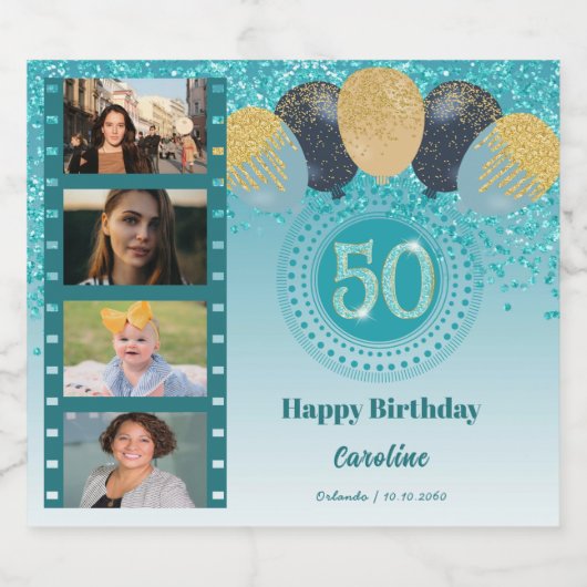 Foto's, 50e verjaardag Blauwgroen Blue Glitter Cha Sparkling Wijnetiket (Enkel label)