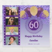 Foto's, 60e verjaardag Paarse Glitter Champagne Sparkling Wijnetiket (Enkel label)