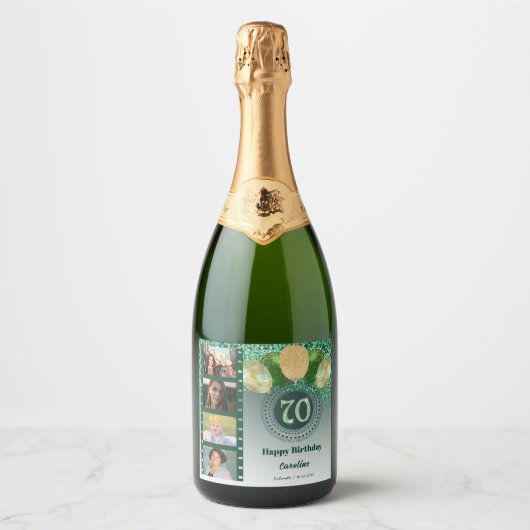 Foto's, 70e verjaardag Groene Glitter Champagne Sparkling Wijnetiket (Voorkant)