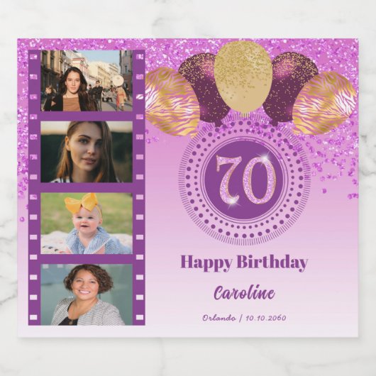 Foto's, 70e verjaardag Roze Glitter Champagne Sparkling Wijnetiket (Enkel label)