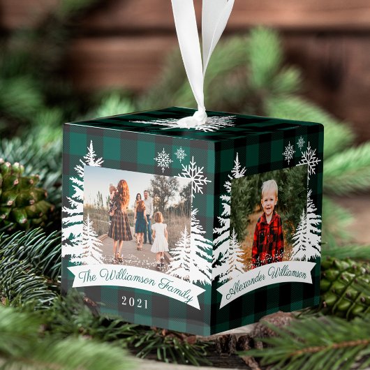 Foto's familie van groene buffalo Pset Rustic Pine Kubus Ornament