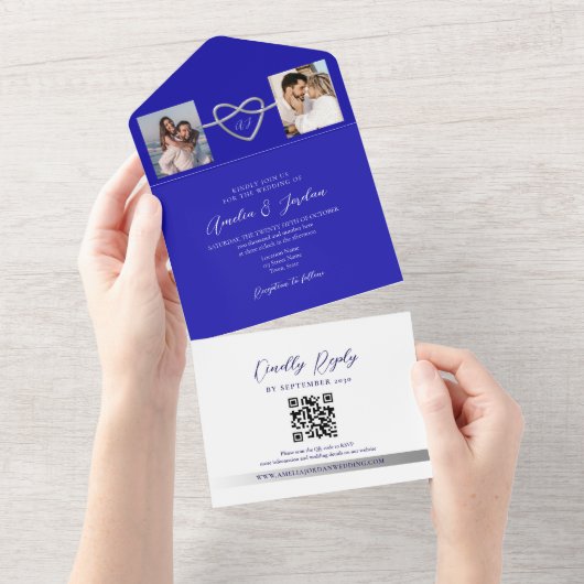 Foto's Royal Blue Wedding QR-code All In One Uitnodiging (Afscheurbaar)