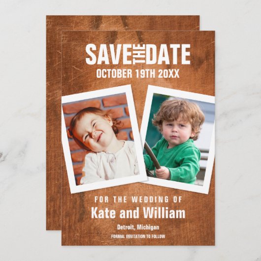 Foto's uit de kindertijd hout Bespaar de datum Kaart (Voorkant / Achterkant)