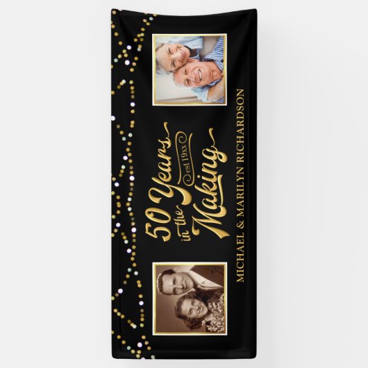 Foto's van 50e Jubileum en nu | Zwart en goud Spandoek (Verticaal)