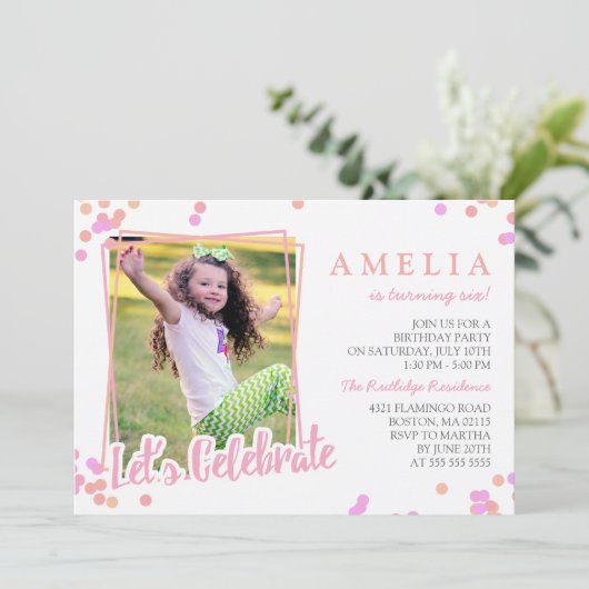 Foto's van roze en perzikkleurige Confetti Birthda Kaart (Staand voorkant)