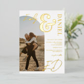 Foto's vet name script arch gold bruiloft folie uitnodiging (Staand Voorkant)