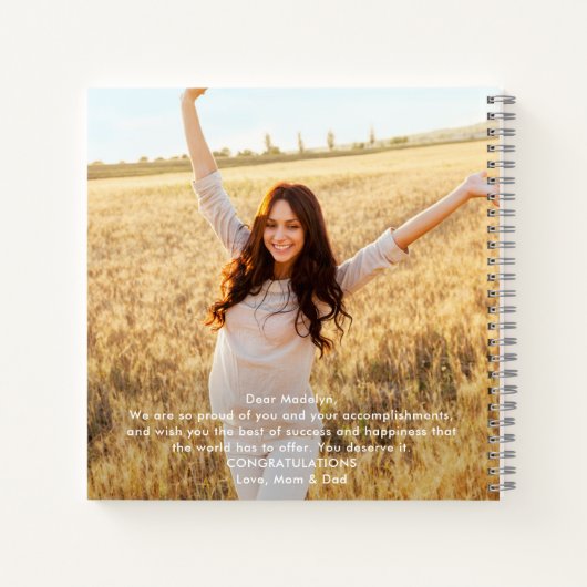 Foto's voor en achter Witte Script Afstuderen Gast Notitieboek (Achterkant)