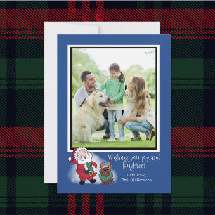 Fotosjabloon Santa Funny Labrador Reindeer Blue Feestdagenkaart