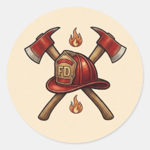Fototemplate voor brandweerman bijl en hoed feest ronde sticker