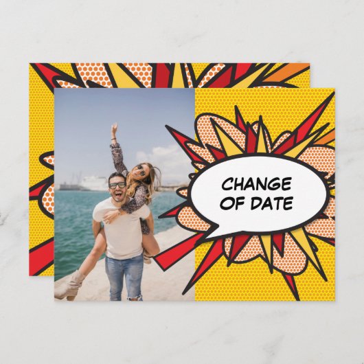 Fotowijziging van datum uitgesteld leuk stripboek briefkaart (Voorkant / Achterkant)