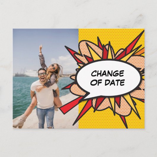 Fotowijziging van datum uitgesteld leuk stripboek briefkaart (Voorkant)
