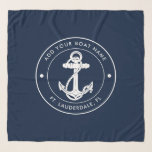 Foulard Ancre Bleue marine Nom du bateau Personnalisé<br><div class="desc">Ajoutez votre nom de bateau et votre quai en cliquant sur le bouton "Personnaliser" ci-dessus. Mettez la voile dans le style avec notre swag nautique personnalisé. L'écharpe présente un design mignon inspiré des merveilles de l'océan, avec des motifs maritimes classiques comme une ancre et une corde. Que vous croisiez le...</div>