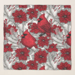 Foulard Cardinaux et poinsettia en rouge et blanc<br><div class="desc">Cardinaux en branches d'hiver et décoration de Noël</div>