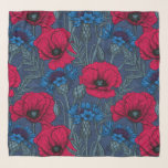 Foulard Coquelicots rouges et fleurs bleues sur bleu<br><div class="desc">Motif vectoriel dessiné à la main avec des fleurs de pavot rouge et des fleurs de corne bleu</div>