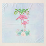 Foulard Flamant rose rose Momma & bébé avec palmiers<br><div class="desc">Un foulard en mousseline avec l'illustration d'une maman et d'un bébé flamant rose posé sur un lit de fleurs florales succulentes avec des palmiers verts se balançant à l'arrière. Tropical et joli. L'arrière - plan est une aquarelle d'été bleu clair avec des touches de violet.</div>