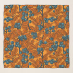 Foulard Jardin aux bleuets, bleu et orange<br><div class="desc">Motif dessiné à la main avec branches de bleuets</div>