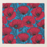 Foulard Jardin de pavot rouge sur bleu<br><div class="desc">Motif vectoriel fait de pavots dessinés à la main.</div>