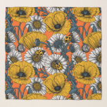Foulard Le pré en jaune et bleu<br><div class="desc">Motif vectoriel transparent fait de marguerites dessinées à la main, de pavots et de coccinelles. Version couleur jaune et blanc.</div>