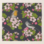 Foulard Oiseaux et fleurs en noir<br><div class="desc">Fleur de pomme peinte à la main et oiseaux.</div>