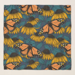 Foulard Papillon monarque sur confluents jaunes<br><div class="desc">Motif sans couture dessinée à la main avec des confleurs et des papillons monarques.</div>