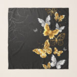 Foulard Papillons blancs et dorés<br><div class="desc">Or,  bijoux et papillons blancs sur arrière - plan noir. Papillon doré.</div>
