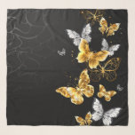 Foulard Papillons blancs et dorés<br><div class="desc">Or,  bijoux et papillons blancs sur arrière - plan noir. Papillon doré.</div>