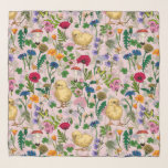 Foulard Poulets et fleurs sauvages sur coton bonbon rose<br><div class="desc">Poulets,  fleurs sauvages et papillons à la main</div>