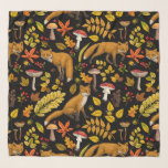 Foulard Renard d'automne sur noir<br><div class="desc">Faune et flore boisées d'automne peintes à la main - renards,  feuilles forestiers,  champignons et baies</div>