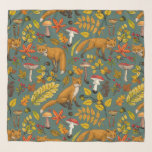 Foulard Renard d'automne sur pin vert<br><div class="desc">Faune et flore boisées d'automne peintes à la main - renards,  feuilles forestiers,  champignons et baies</div>