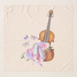 Foulard Violon, Chaussures de Ballet, Fleurs et Papillons<br><div class="desc">Un foulard en mousseline carré au design féminin doux. Illustré d'une aquarelle représentant un violon en bois,  des pantoufles de ballet rose se reposent contre elle et sont décorés de fleurs et de papillons. Placez-vous sur un arrière - plan rose pêche.</div>