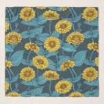 Foulard Zinnias jaune sur bleu foncé<br><div class="desc">Motif vectoriel de fleurs de zinnia peintes à la main</div>