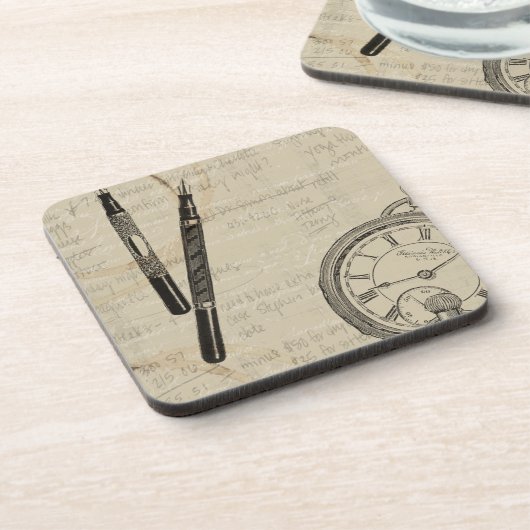 Fountain Pens and Watchface with Notes Bier Onderzetter (Linkerzijde)