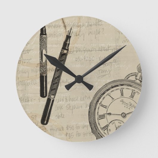 Fountain Pens and Watchface with Notes Ronde Klok (Voorkant)