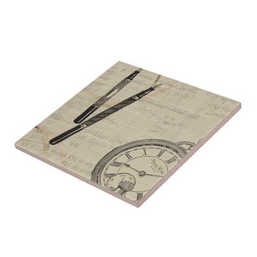Fountain Pens and Watchface with Notes Tegeltje (Zijkant)