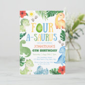 Four A-Saurus Dino 4th Birthday Kaart (Staand voorkant)