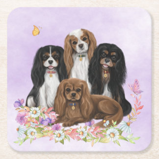 Four Cavalier King Charles Spaniels in Flowers  Vierkante Kartonnen Onderzetter