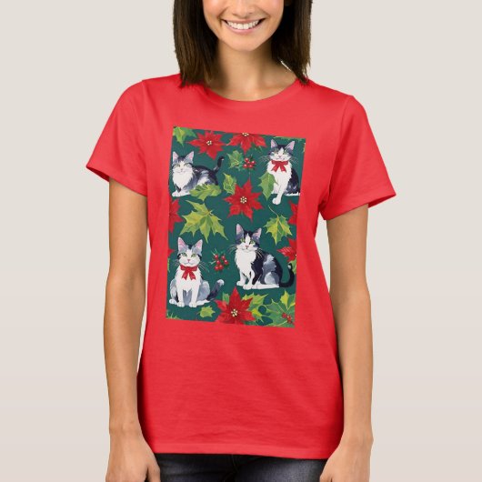 Four Christmas Cats And Poinsettias T-shirt (Voorkant)