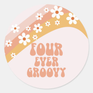 Four Ever Groovy Retro Daisy Regenboog 4e Verjaard Ronde Sticker