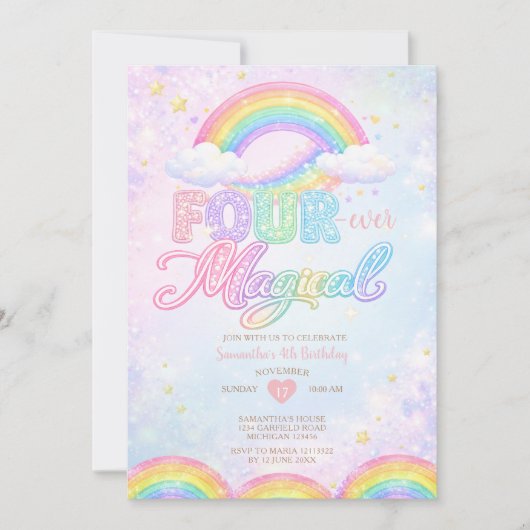 FOUR EVER Magical Rainbow 4th birthday invitation (Devant)