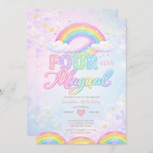 FOUR EVER Magical Rainbow 4th birthday invitation (Devant / Derrière)