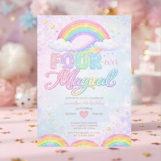 FOUR EVER Magical Rainbow 4th birthday invitation