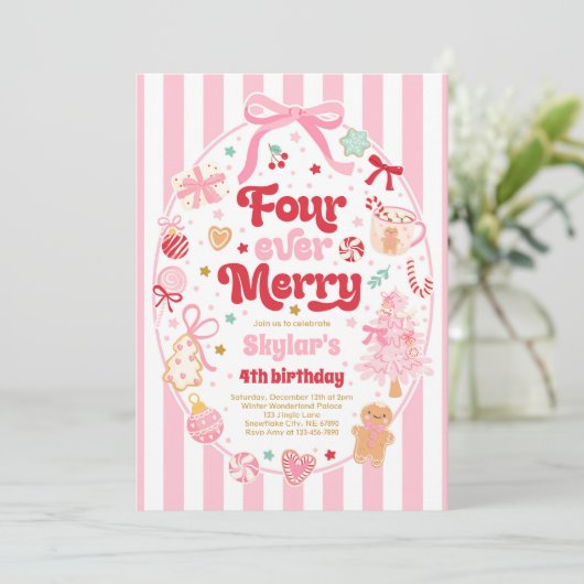 Four Ever Merry Christmas Bow 4th Birthday Kaart (Staand voorkant)