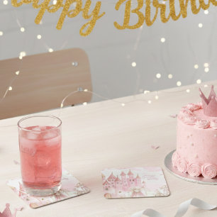Four Ever Pink Princess Castle Verjaardag onderzet Vierkante Kartonnen Onderzetter