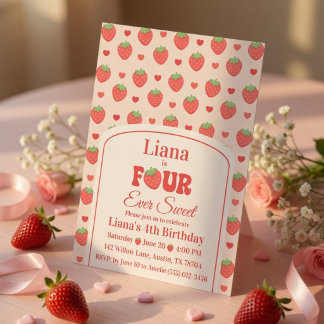 Four Ever Sweet Roze Aardbeien Meisje 4e Verjaarda Kaart