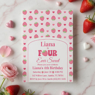 Four Ever Sweet Roze Aardbeien Meisje 4e Verjaarda Kaart