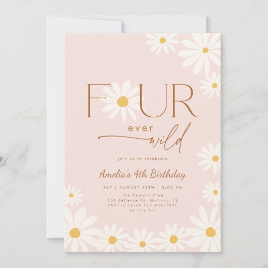 FOUR ever Wild Daisy Floral 4th Birthday Kaart (Voorkant)