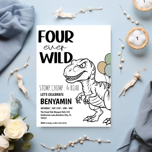 Four Ever Wild Dinosaur Boy Birthday Party Kaart