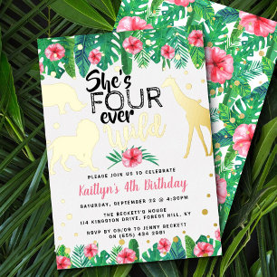 Four Ever Wild Jungle Safari Girls 4de verjaardag Folie Uitnodiging