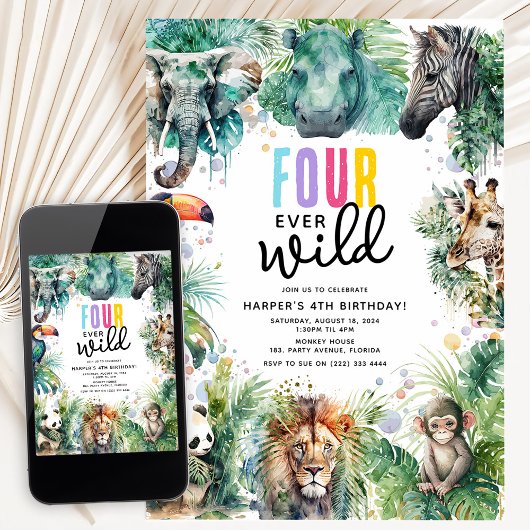 Four Ever Wild Safari Animals Cool 4th Birthday Kaart